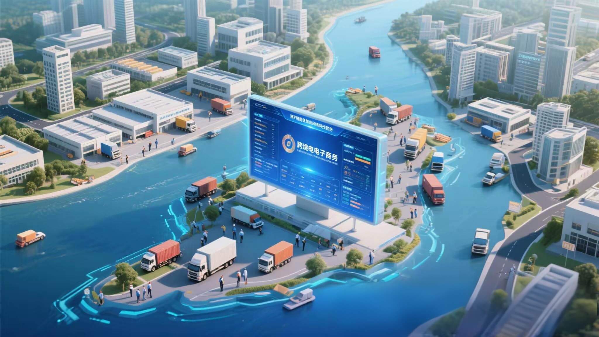 An image depicting the approval for establishing cross-border e-commerce comprehensive pilot zones in Hainan Island and 15 other cities (regions), showing a futuristic cityscape with logistics and digital commerce elements.