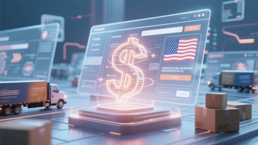 Image shows US duty policy change effects on cross-border e-commerce, with flag, dollar sign, trucks and packages