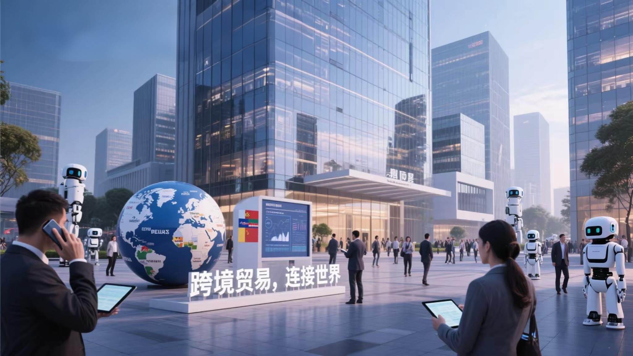 A modern-cross-border-e-commerce-industrial-park scene with people in business attire, robots, a large globe, and a sign saying "Cross-border trade, connecting the world".