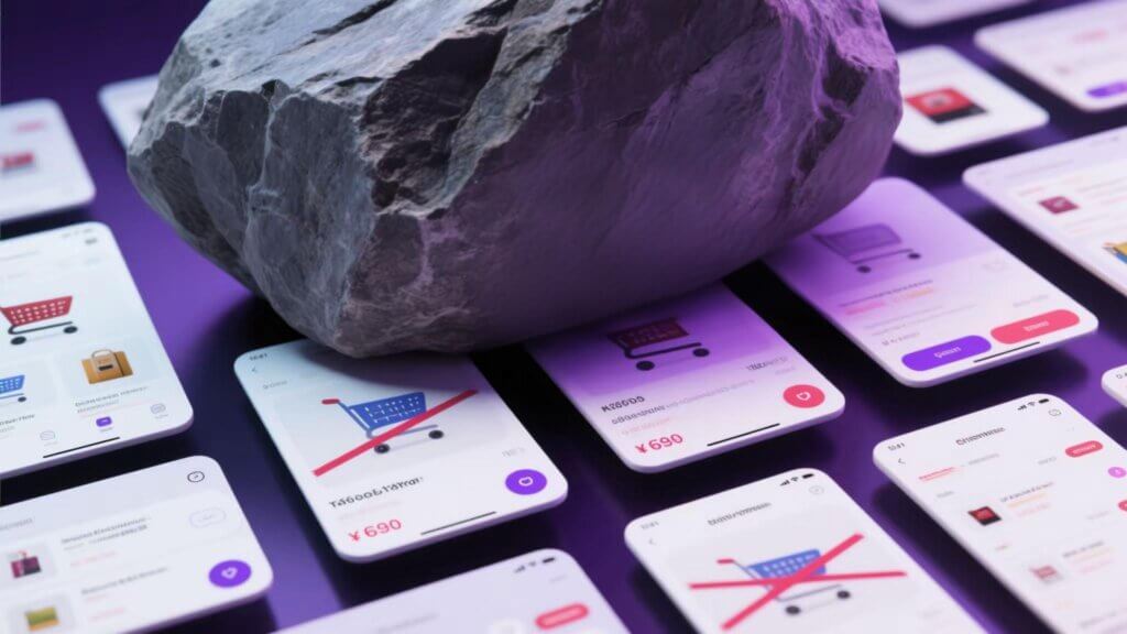 Image depicting heavy tariffs (represented by a large rock) causing collective price increases on e - commerce platforms