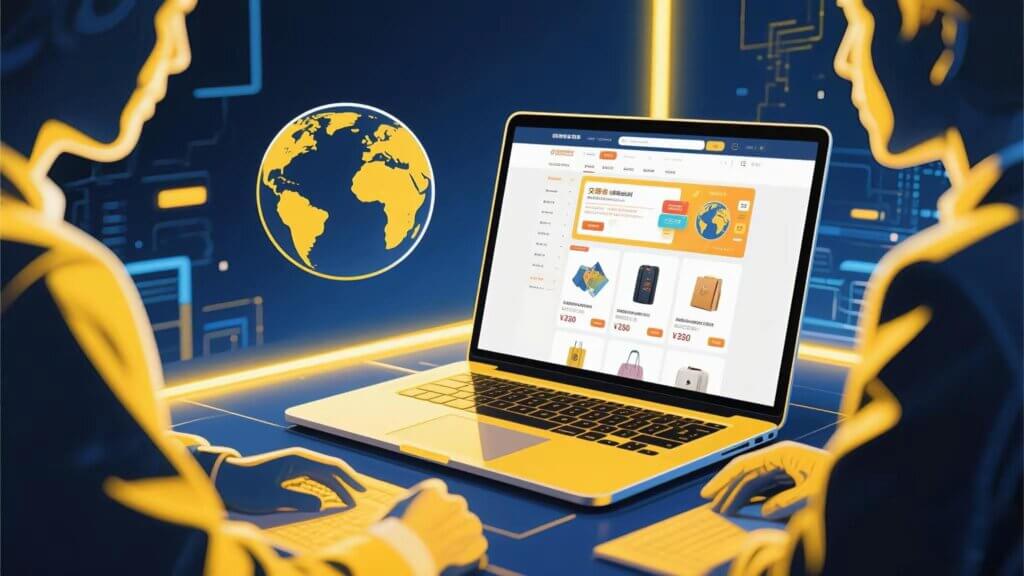 Scene-of-cross-border-e-commerce-negotiation-with-people-and-a-laptop-showing-an-e-commerce-platform-interface