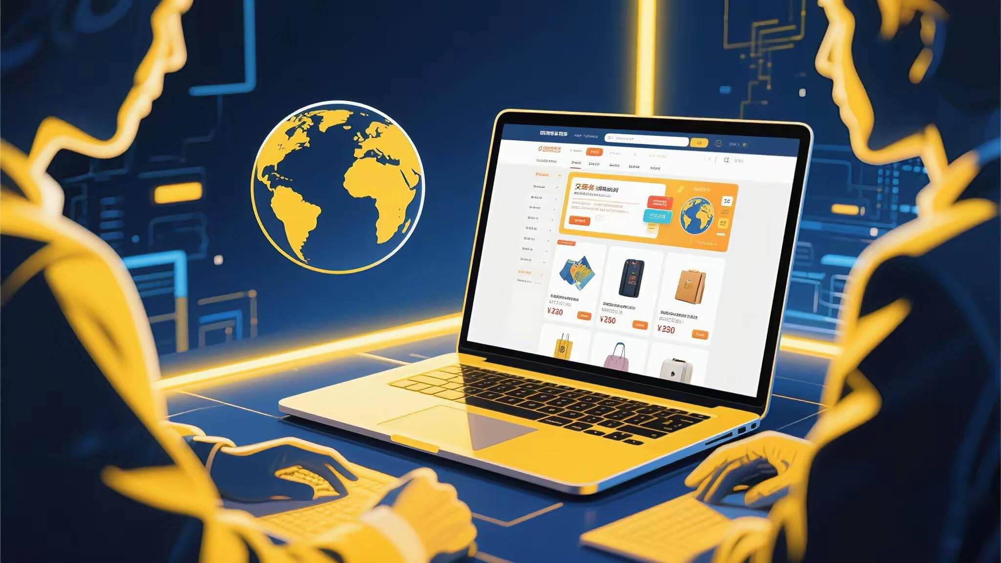 Scene-of-cross-border-e-commerce-negotiation-with-people-and-a-laptop-showing-an-e-commerce-platform-interface
