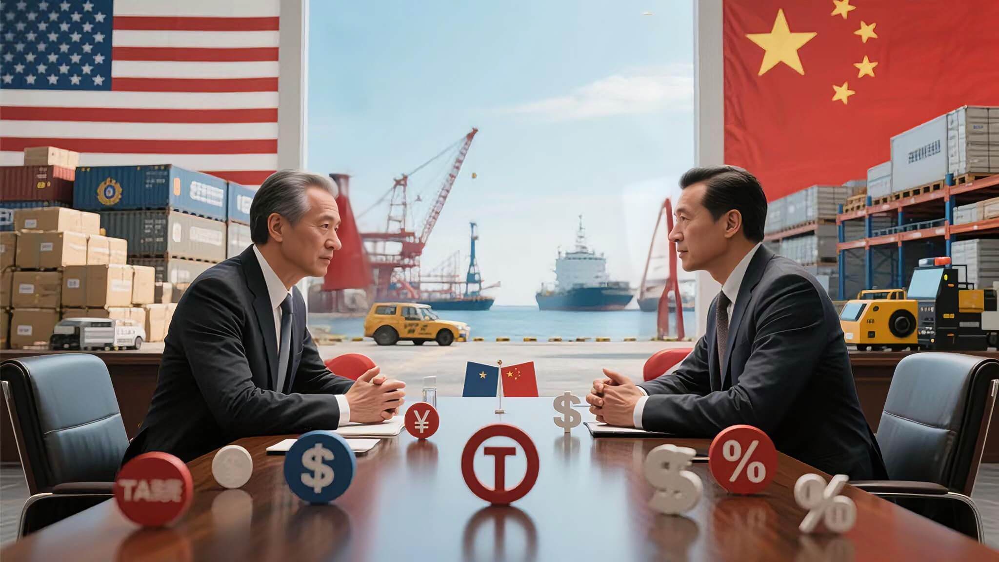 High-level Sino-US economic and trade talks on tariff adjustment,with US and Chinese flags in the background,logistics and customs elements,and tariff-related symbols on the negotiation table