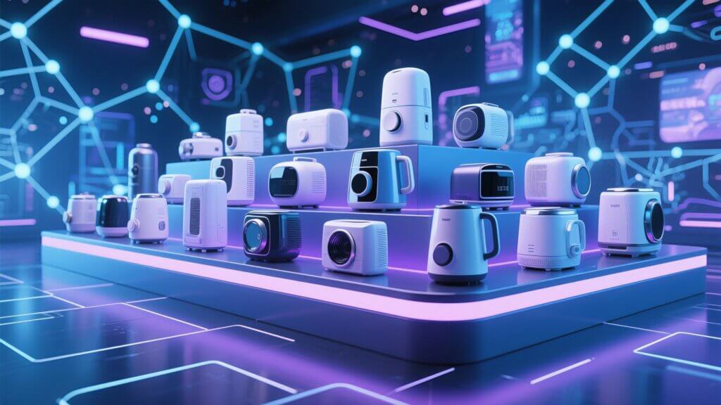 Various high-tech small home appliances displayed on a futuristic platform, symbolizing the significant growth of small home appliances in the cross-border e-commerce industry