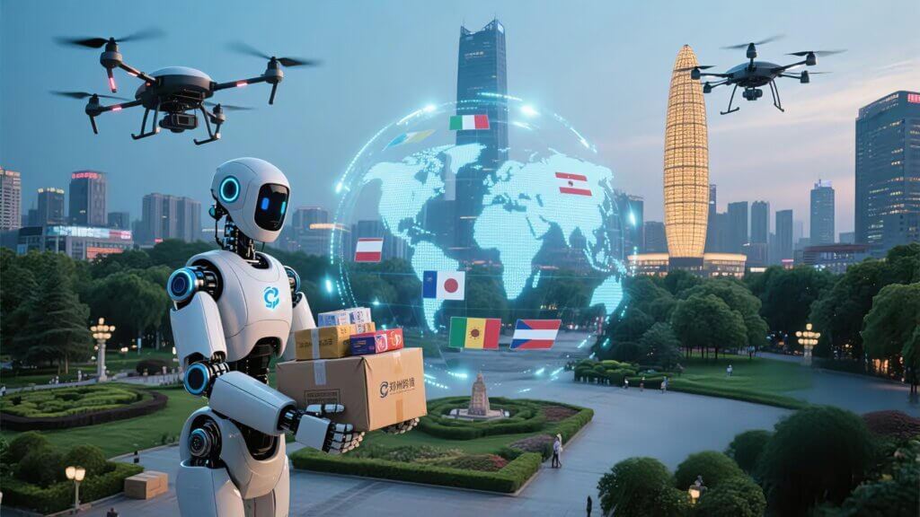 Zhengzhou-Cross-border-E-commerce-Industry-Event-Robots-and-Drones-Showcase-Technological-Elements-of-Cross-border-E-commerce-Against-the-Background-of-Zhengzhou-Scenic-Spots