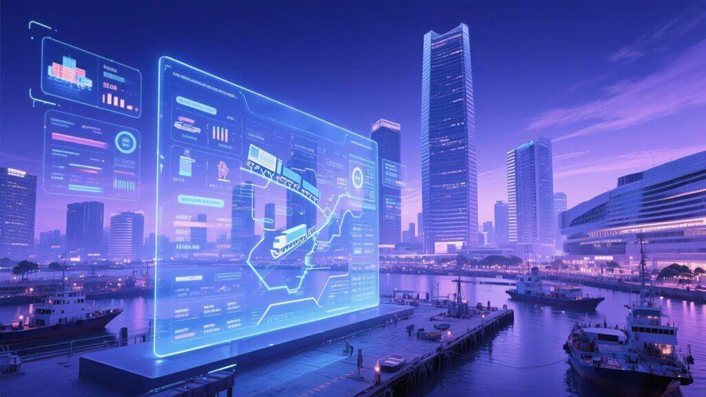 Ningbo-Cross-border-E-commerce-Expo-showcases-technological-elements-related-to-cross-border-e-commerce-with-Ningbo's-iconic-buildings-in-the-background-highlighting-East-China's-cross-border-e-commerce-scene