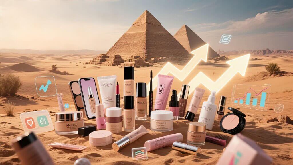 Mexican-landmark-background-TikTok-Shop-Mexico-beauty-and-personal-care-category-booming-with-e-commerce-products-growth-arrows-and-internet-symbols