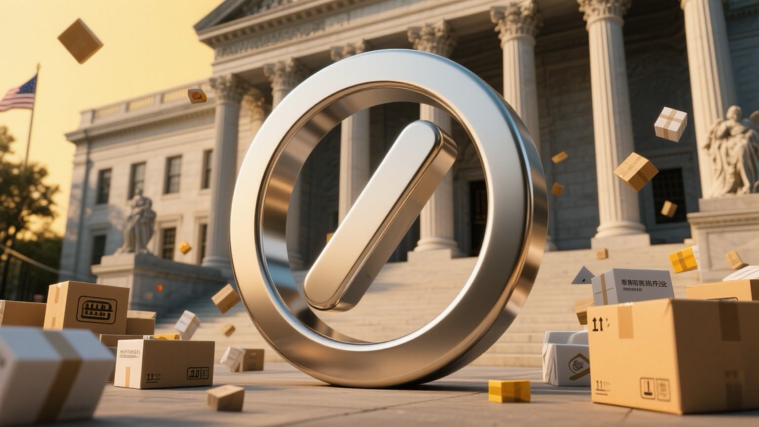 Image depicting the impact of the U.S. Federal Circuit Court of Appeals' decision to stay the ruling on Trump-era tariffs on cross-border e-commerce. The scene shows a symbolic pause sign in front of a U.S. courthouse, with parcels representing cross-border e-commerce shipments scattered around, highlighting the industry's uncertainty due to fluctuating tariff policies.