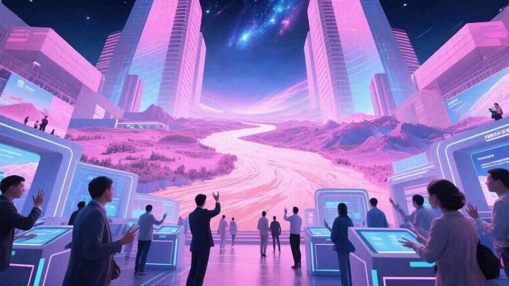 A futuristic exhibition hall scene for the Yellow River Cross - Basin Expo, featuring pink - hued skyscrapers, interactive digital displays, and a panoramic view of the Yellow River landscape, creating a blend of technology and natural elements.