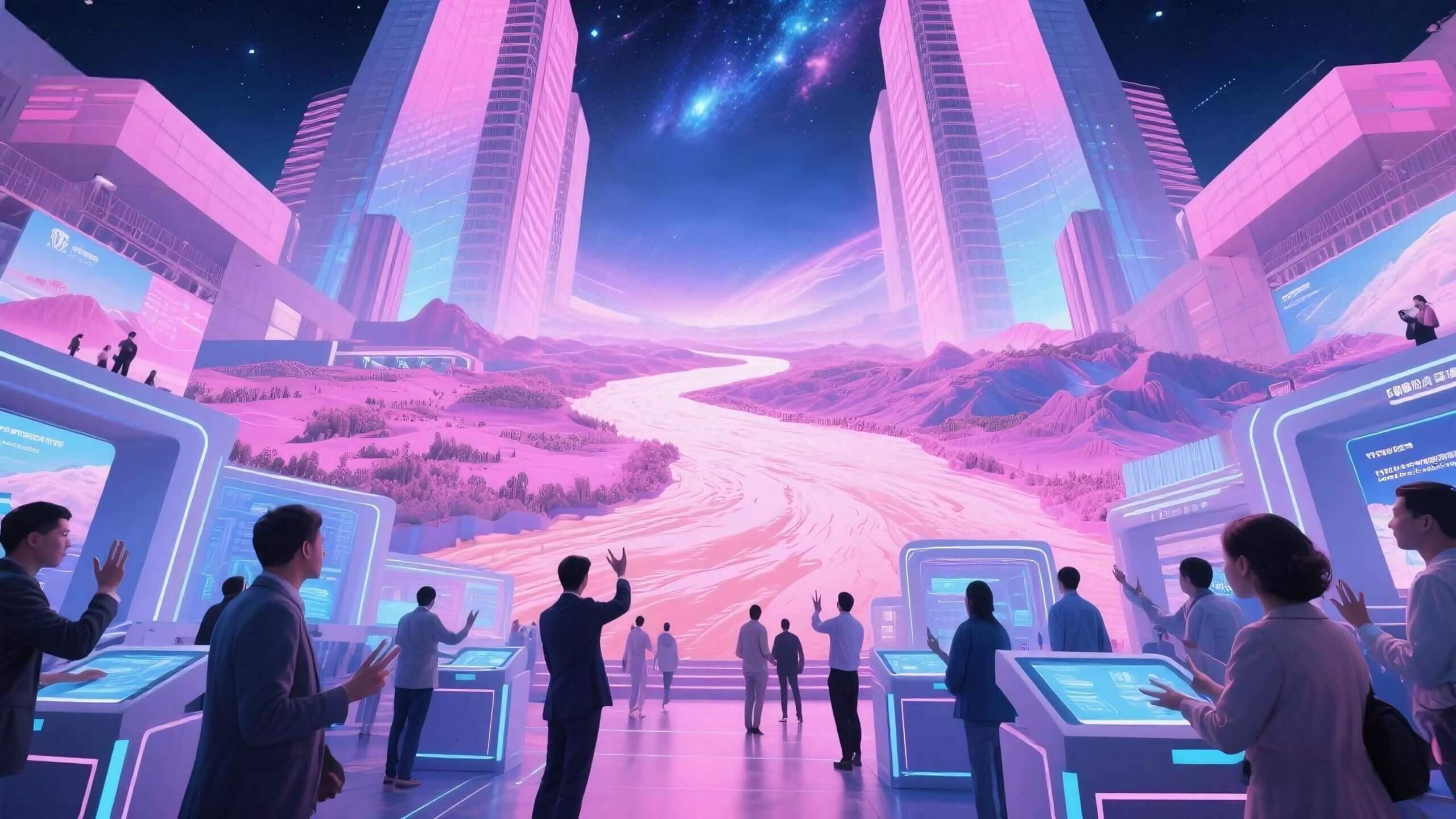 A futuristic exhibition hall scene for the Yellow River Cross - Basin Expo, featuring pink - hued skyscrapers, interactive digital displays, and a panoramic view of the Yellow River landscape, creating a blend of technology and natural elements.